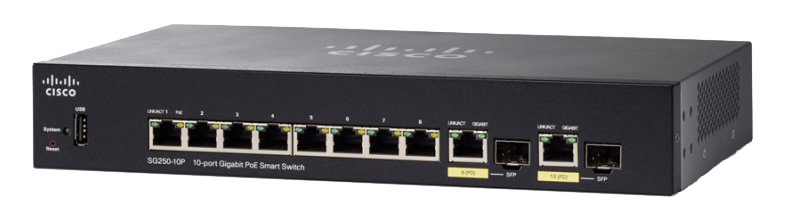 Cisco 250 Series SG250-10P - Switch - smart - 8 x 10/100/1000 (PoE+) + 2 x kombinations-Gigabit SFP - skrivbordsmodell - PoE+ (62 W)
