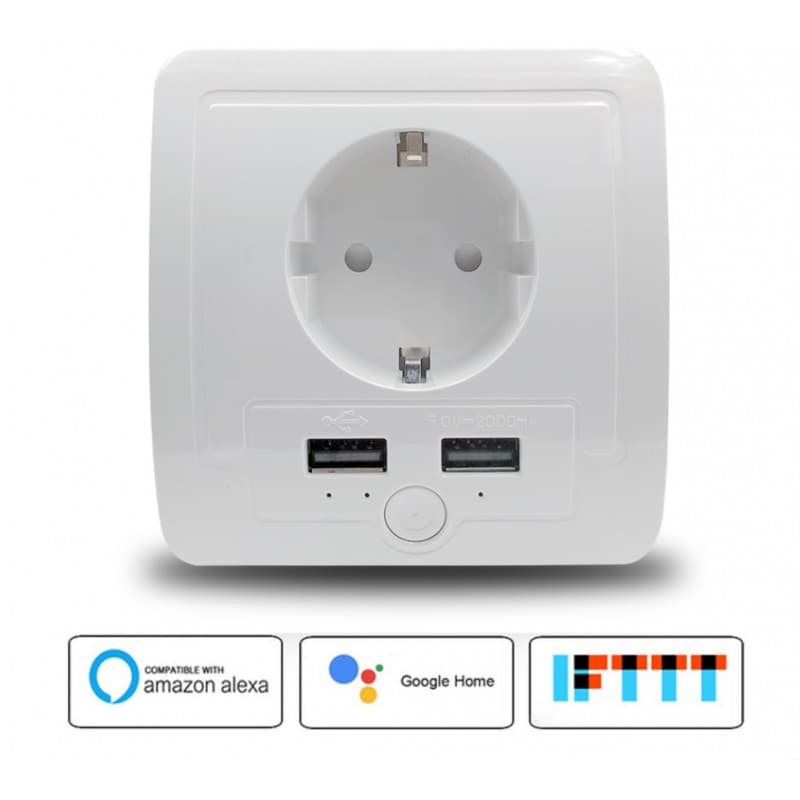 Stikkontakt med wifi og 2 usb-porte understøtter stemmestyring med Google Assistant