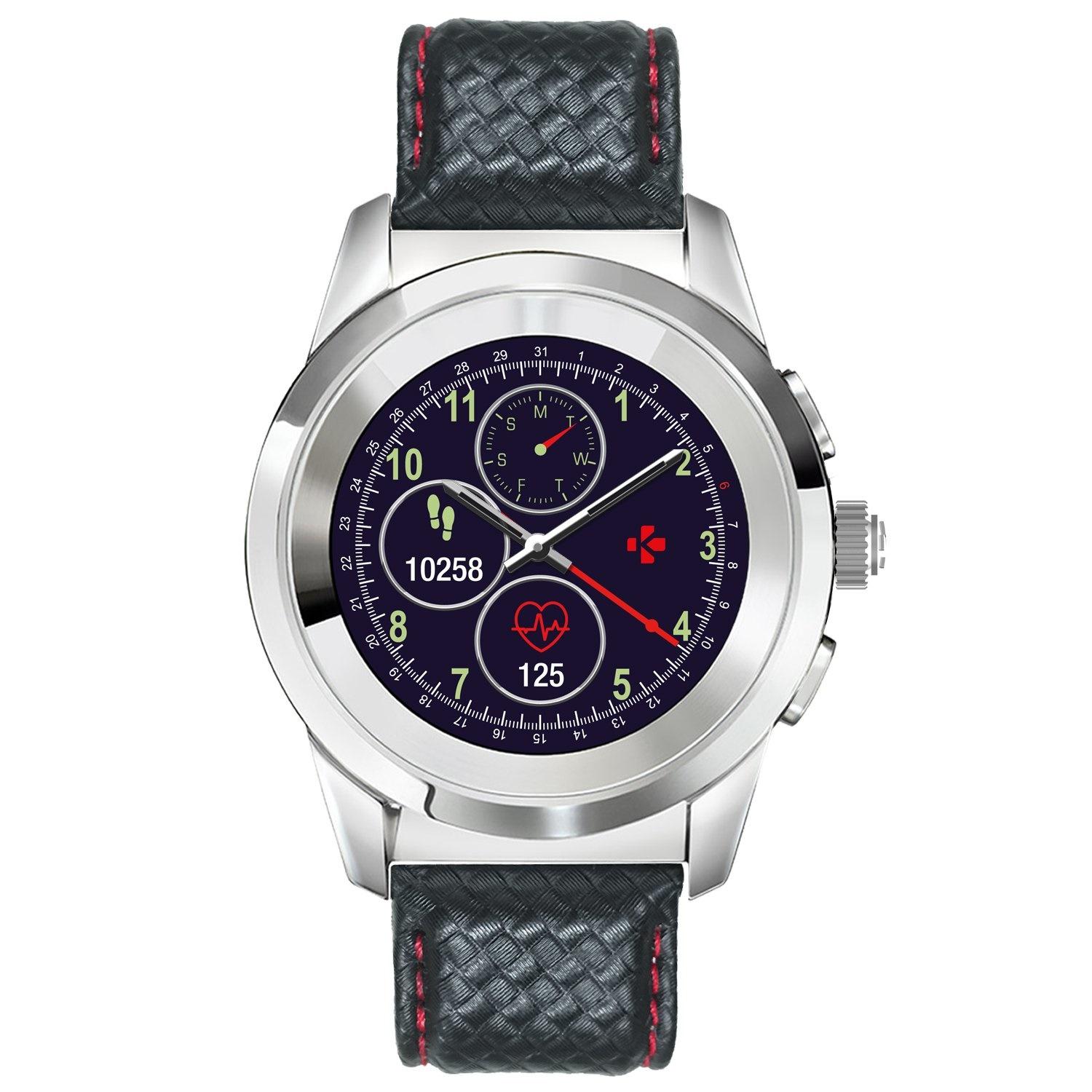MyKronoz ZeTime 39mm Hybrid Smartwatch /w Leather band Silver/Black/Red stiching