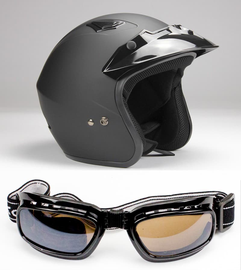 BNO JET 400 MATT BLACK + GOGGLES SET JET MC hjelm