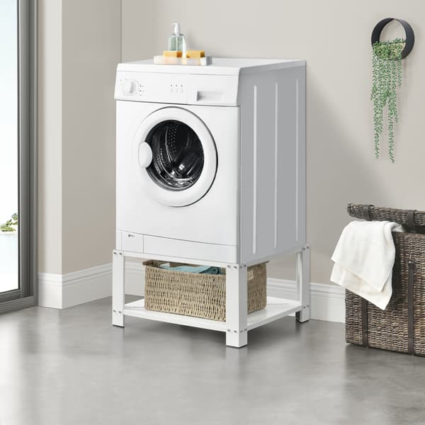 [en.casa]® Tvättmaskinsstativ-Förhöjningssockel-med hylla-63x54x31cm-pulverlackerat stål-vit-max. belastning:150 kg