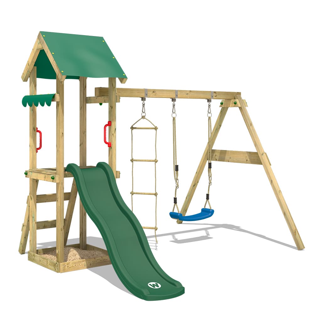 WICKEY Lekställning TinyCabin med gunga och rutschkana, Klättertorn med sandlåda och klätterstege, grön