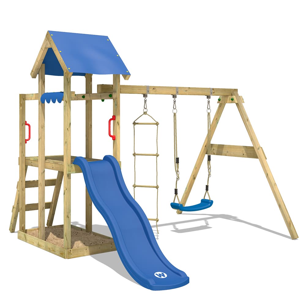 WICKEY Lekställning TinyPlace med gunga och rutschkana, Klättertorn med sandlåda och klätterstege, blå