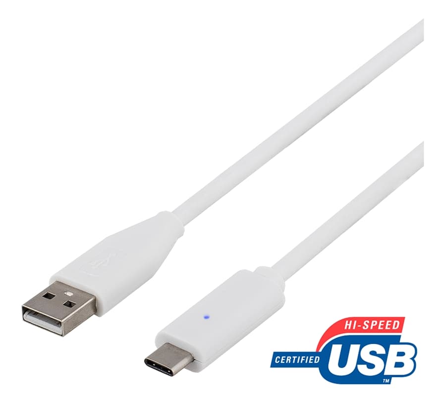 DELTACO USB 2.0 kaapeli, Tyyppi C - Tyyppi A ur, 1,5m, valkoinen