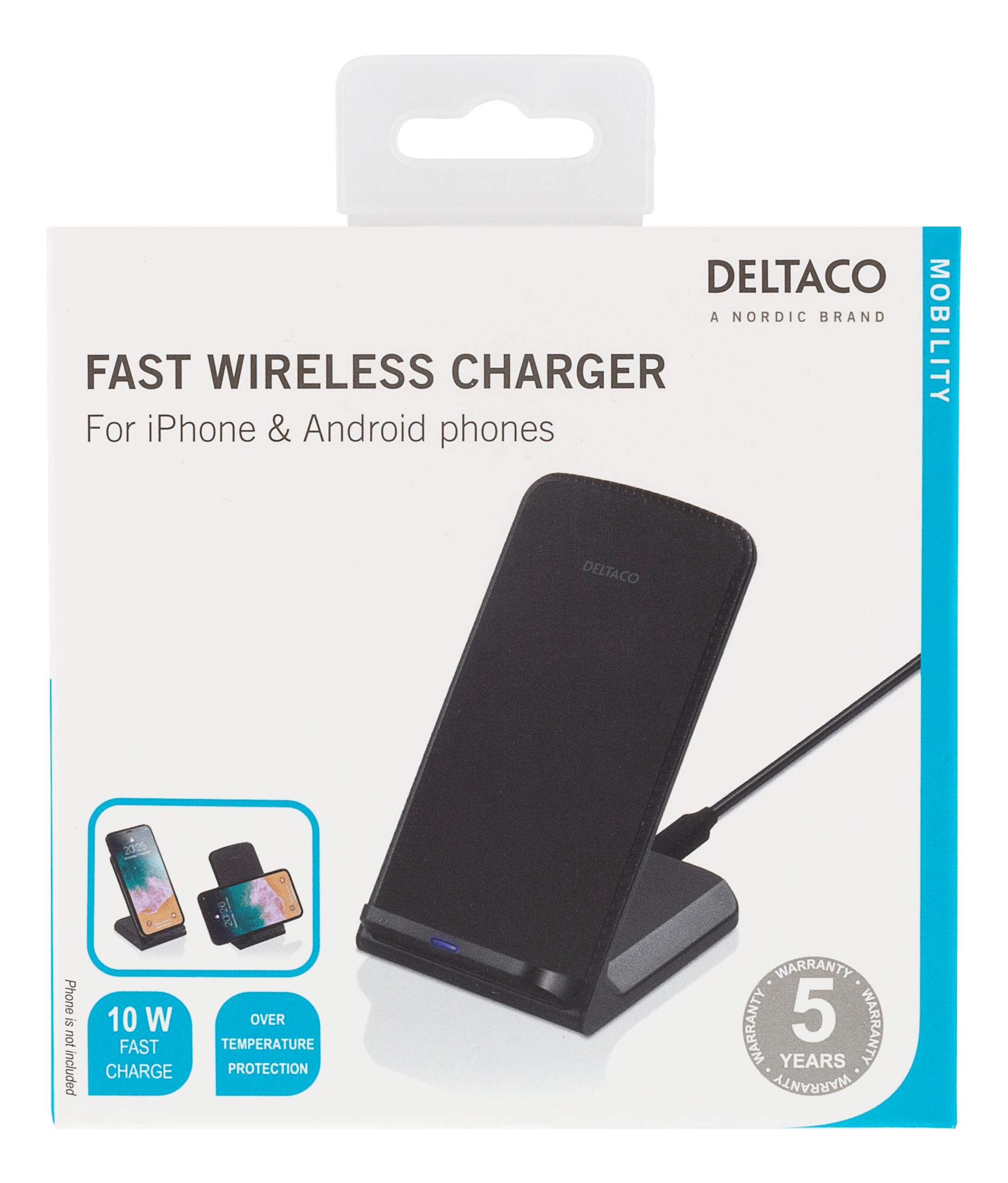 DELTACO Desktop fast charger, angled stand, 10W, Qi 1.2.4, black